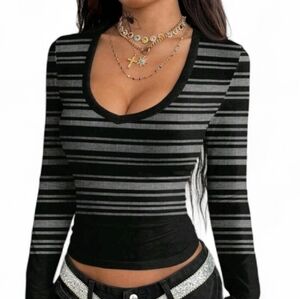 Source Unknown Black and Gray Striped Long Sleeve Top